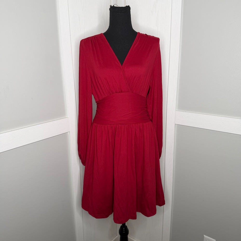Kohl's Fit & Flare Dress Women Large Burgundy Long Sleeve Smocked Waist Stretch
